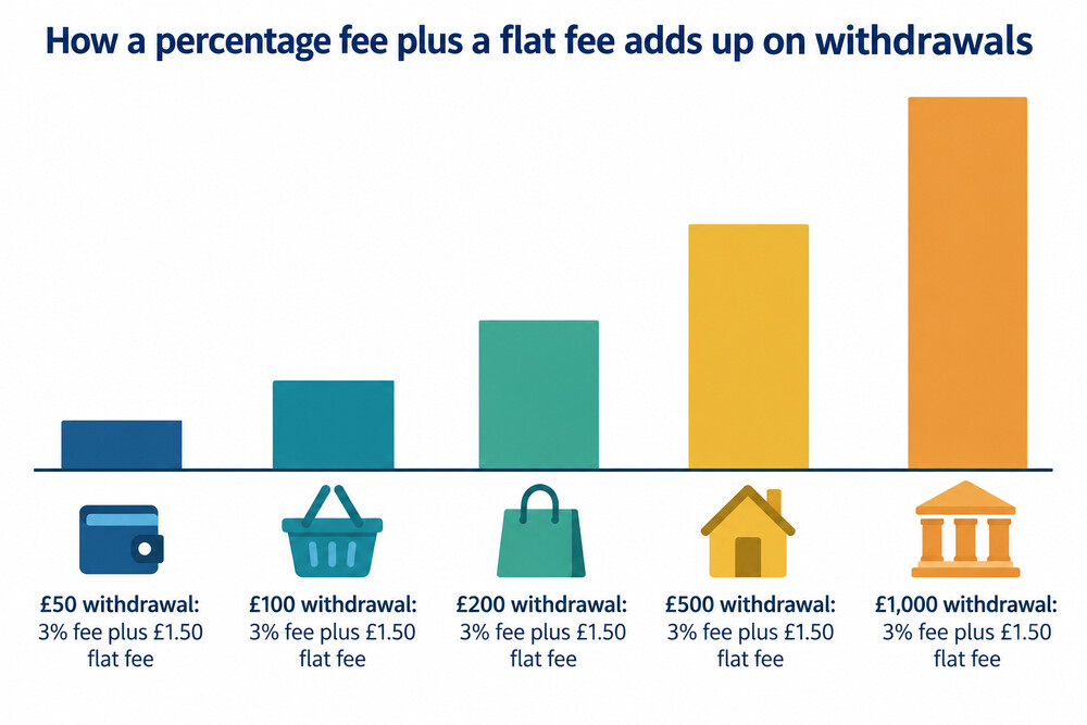 A table showing how a percentage conversion fee plus a flat cash fee adds up on withdrawals of different sizes
