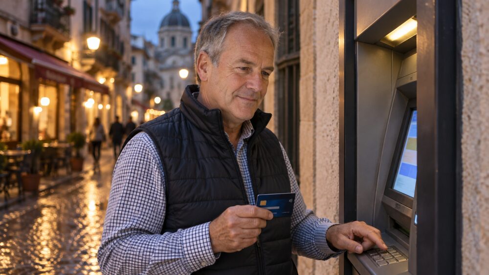 A man uses a cash machine on a street abroad at dusk holding a card.