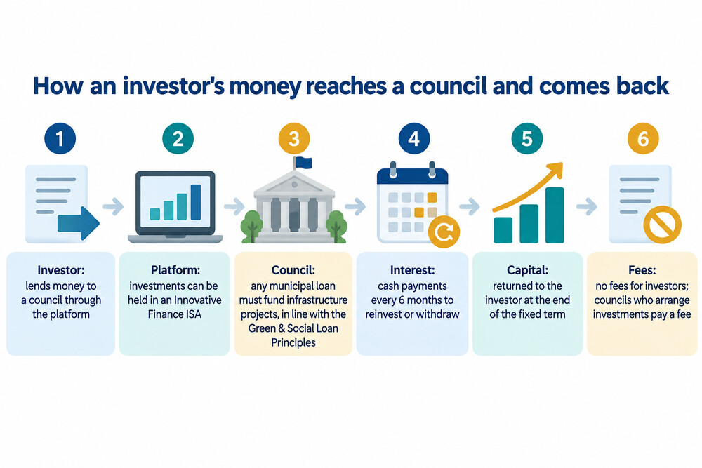 A simple diagram of money moving from an investor through the Abundance platform to a council and back again
