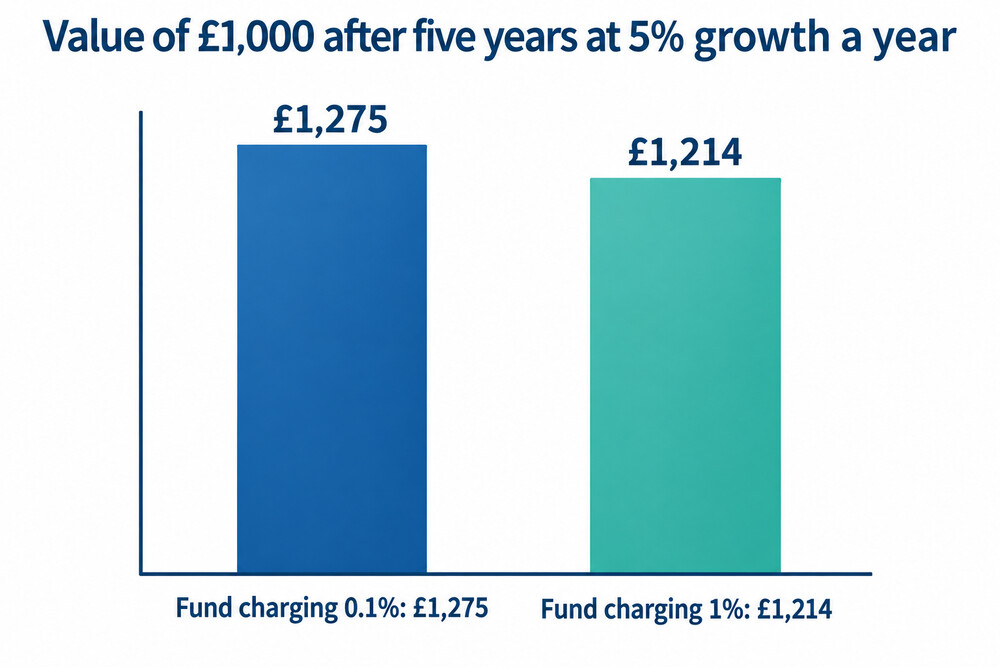How a 1% charge compares with a 0.1% charge on £1,000 over five years