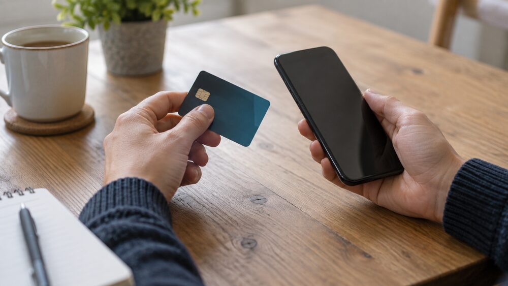 Two hands at a wooden table hold a debit card and a smartphone.
