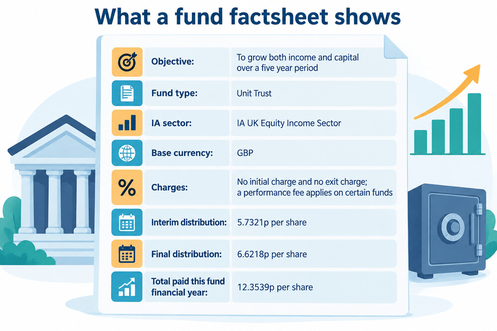 A fund factsheet showing objective, charges and distribution dates