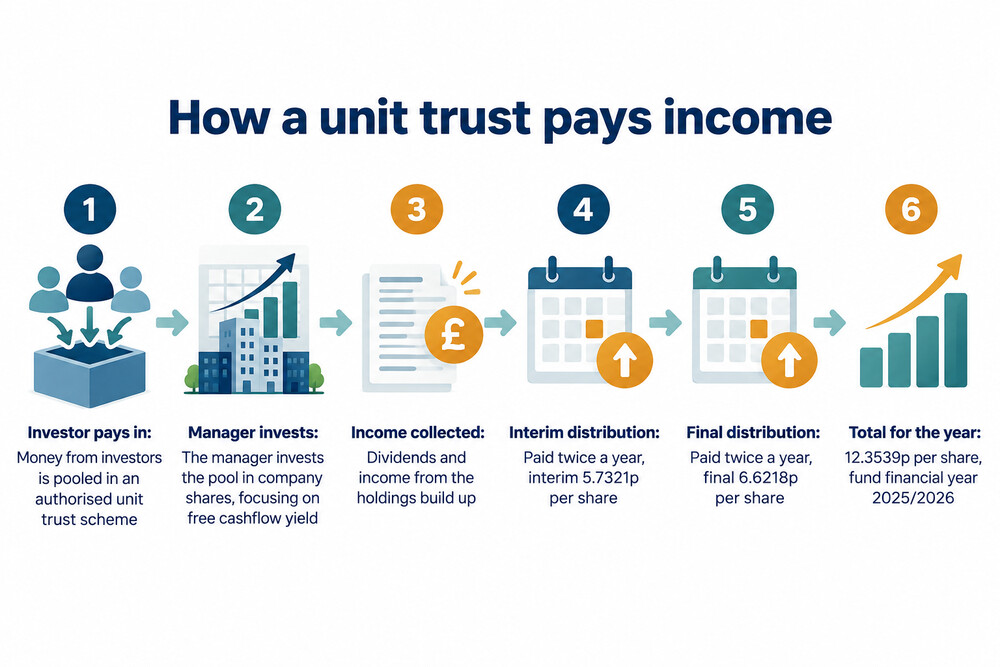 A simple diagram showing money going from an investor into a pooled unit trust and out again as income distributions