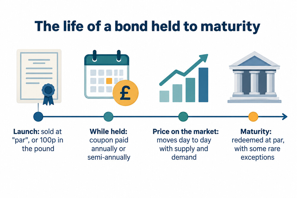 A timeline of a bond from launch to maturity