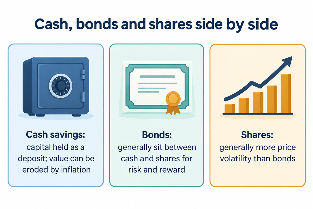A side-by-side comparison of cash, bonds and shares