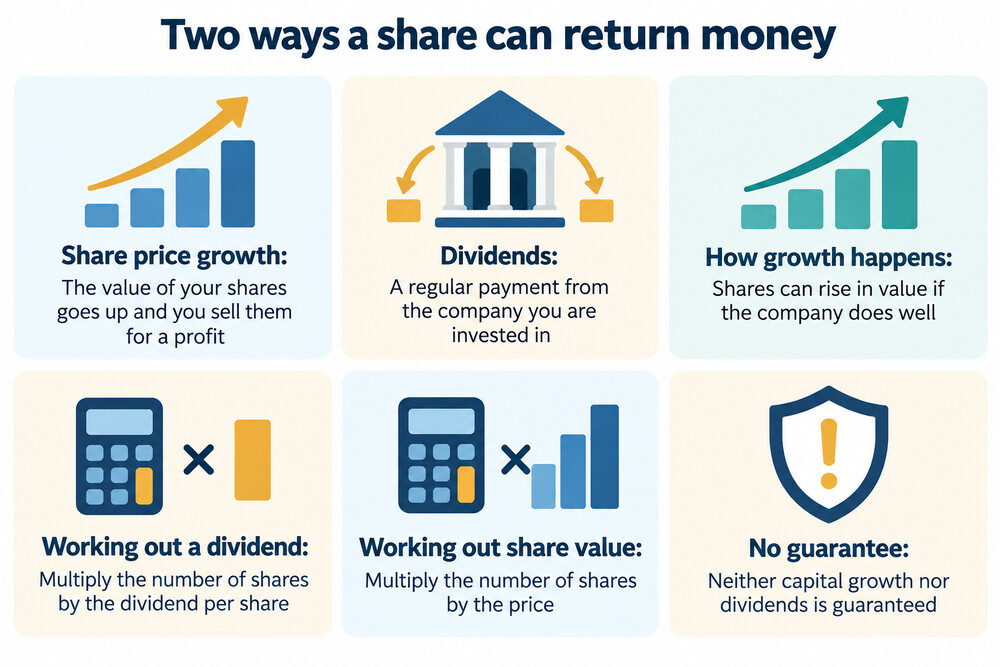 A share price chart rising over time alongside a dividend payment arriving as cash into an account