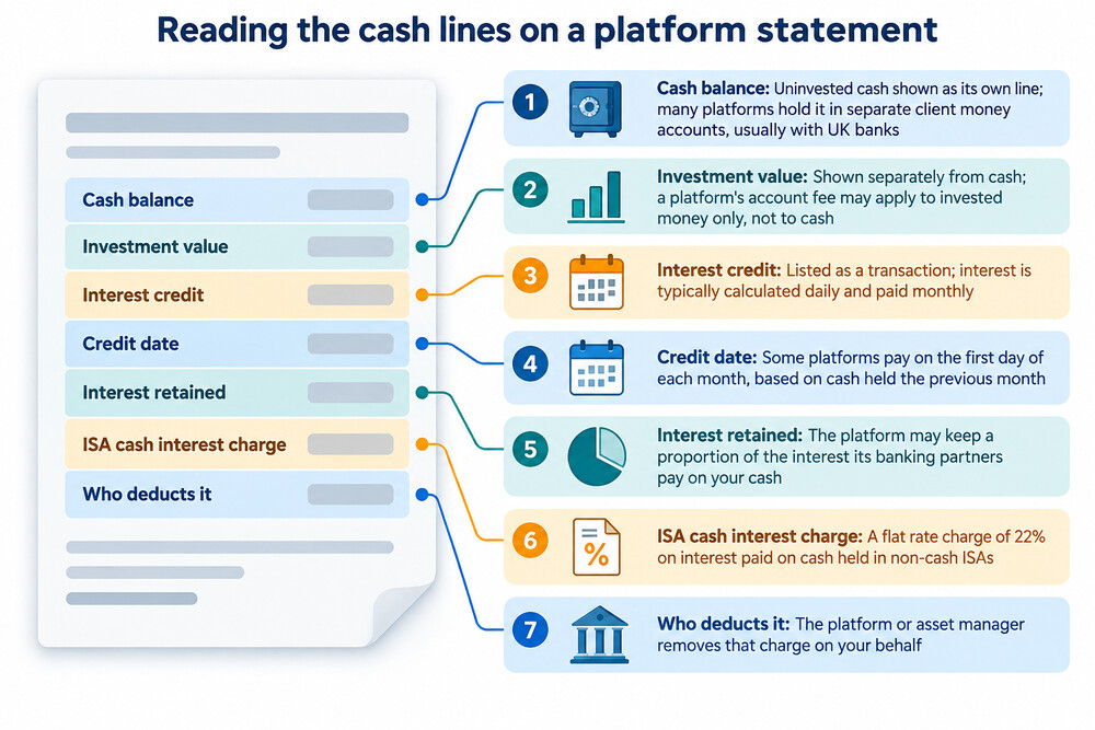 Example of a platform statement showing the uninvested cash balance and interest credited