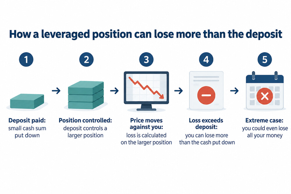 A simple diagram showing a small deposit controlling a larger position, and a price move against it producing a loss bigger than the deposit