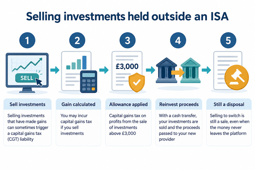 A simple flow showing an investment being sold, the gain calculated, and the proceeds reinvested