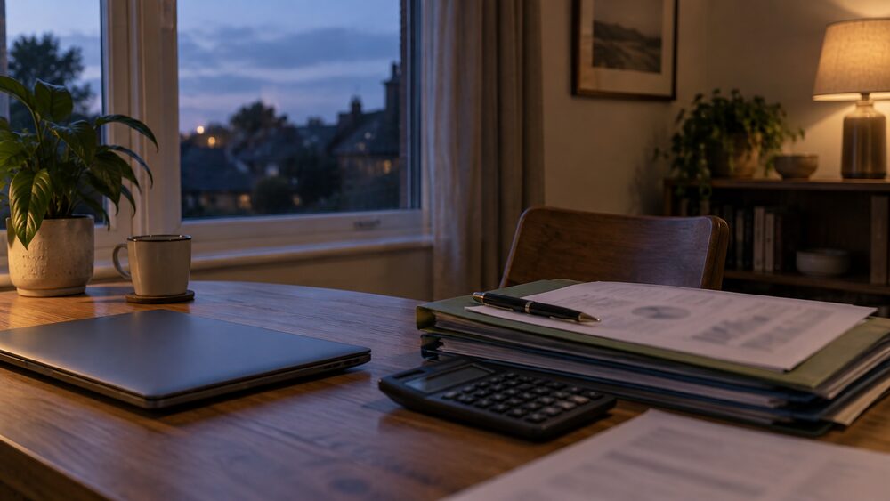 A desk at dusk holds a laptop, calculator and a stack of investment folders.