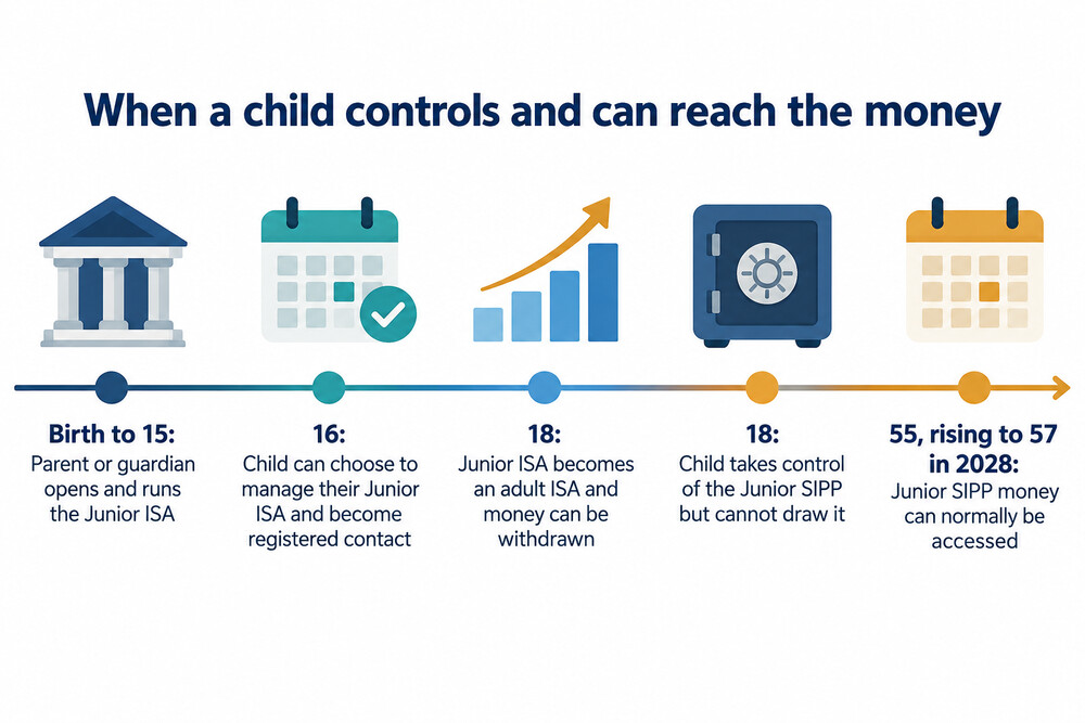 A timeline of the ages at which a child gains control of and access to Junior ISA and Junior SIPP money