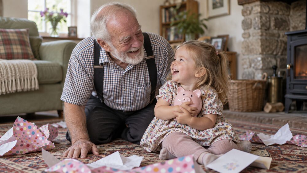 A grandfather kneels beside his granddaughter who hugs a piggy bank.