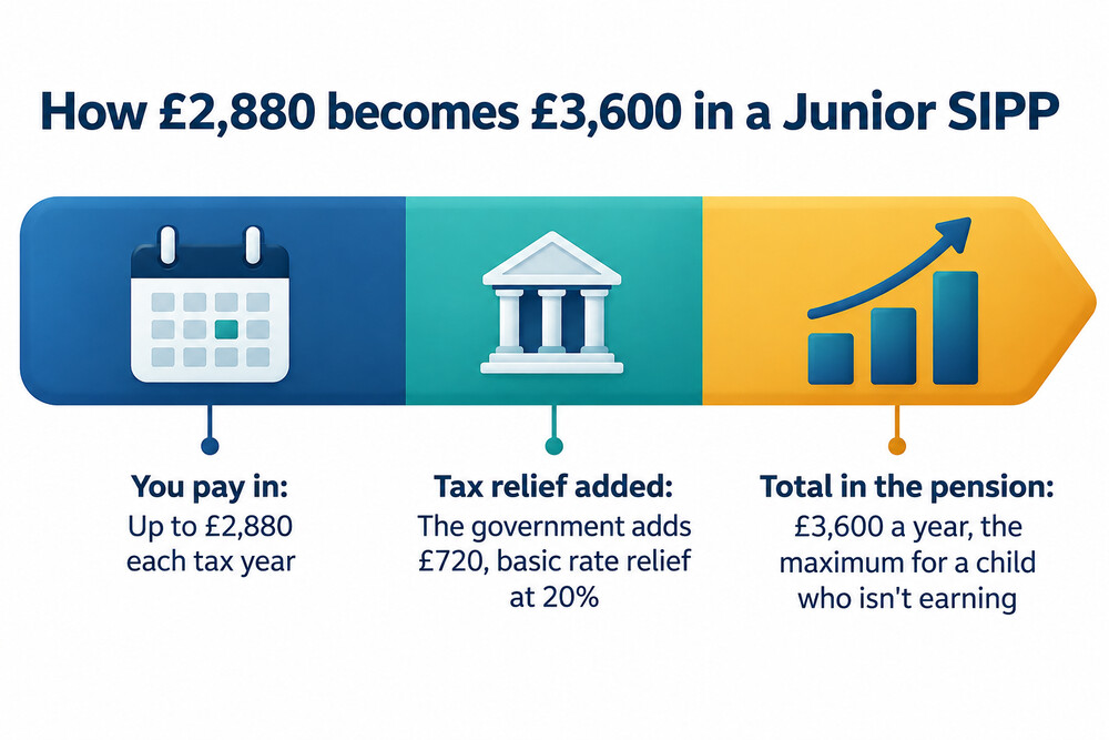 A diagram showing £2,880 paid in and £720 tax relief added by the government, making £3,600 in the child's pension