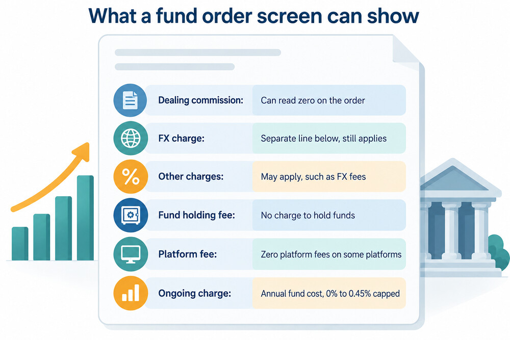 A trading app screen showing a fund order with the dealing commission line reading zero and a separate FX charge line below it
