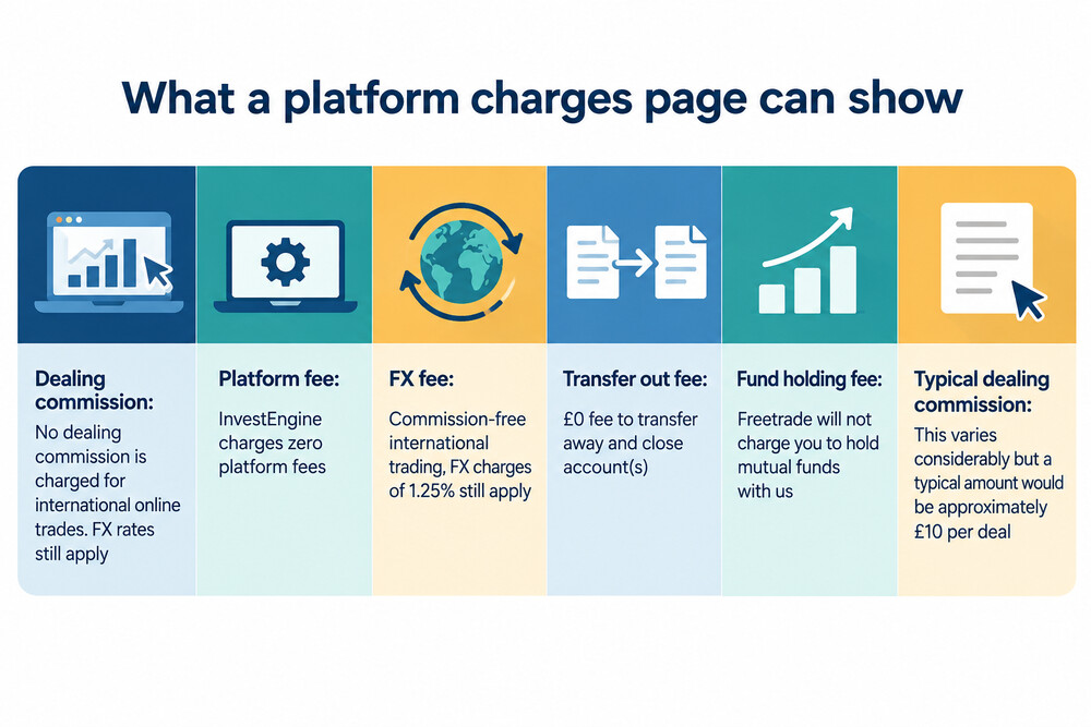 A platform charges page showing dealing commission, platform fee, FX fee and transfer out fee listed as separate lines