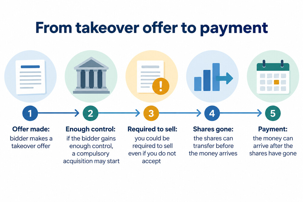 A timeline from takeover offer to payment reaching the shareholder