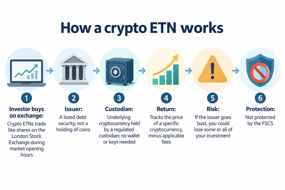 A diagram showing how a crypto ETN sits between the investor and the cryptocurrency held by a custodian