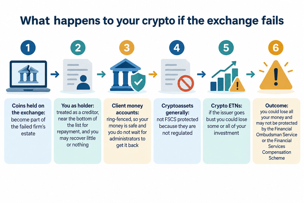 A simple diagram showing coins held on an exchange becoming part of the failed firm's estate, while client money is ring-fenced