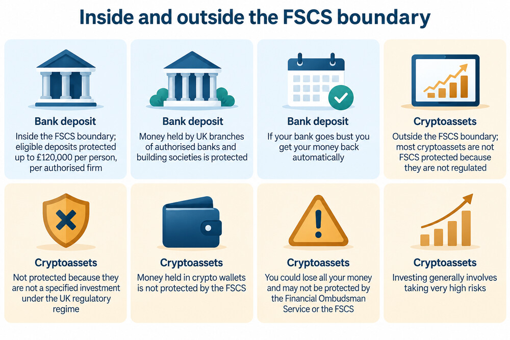 A simple diagram showing a crypto purchase sitting outside the FSCS boundary while a bank deposit sits inside it