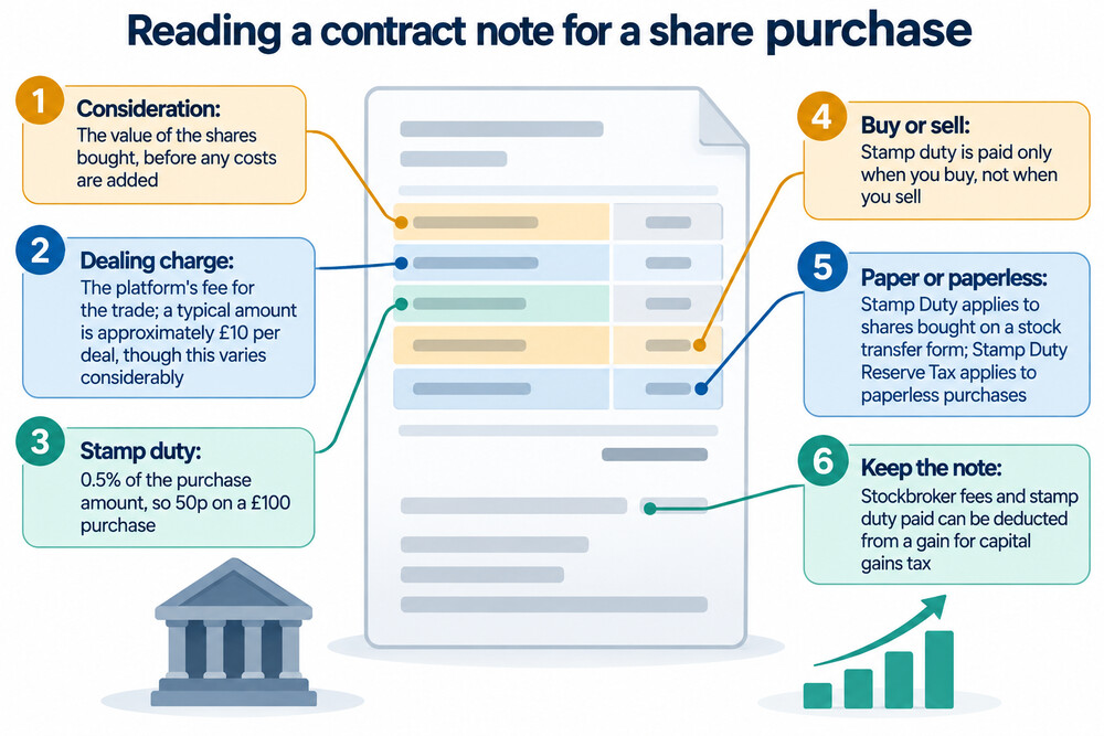 A contract note showing the charges added to a share purchase