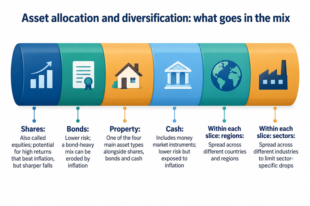 A layered diagram showing money split across asset types, sectors and regions