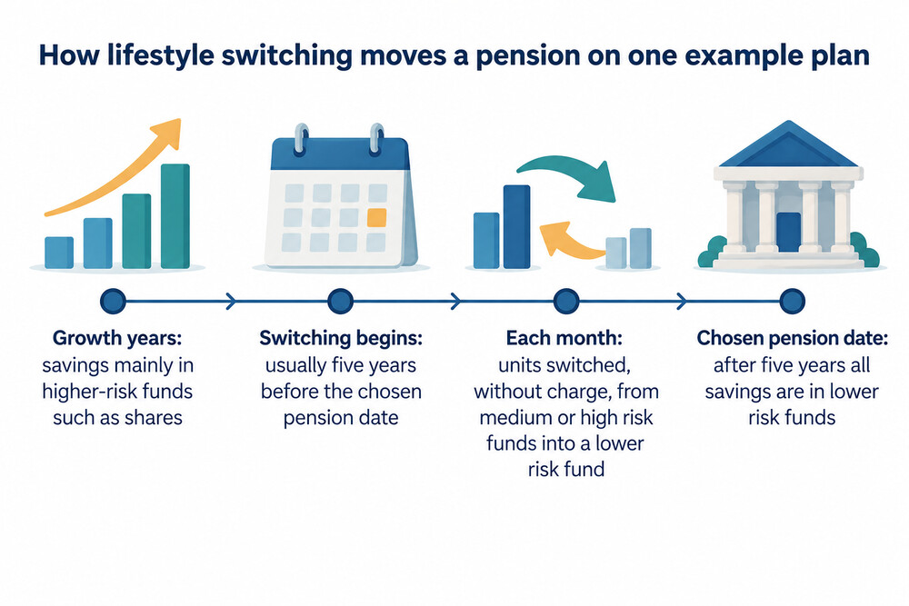 A timeline of how a pension shifts from mostly shares to mostly lower-risk funds in the years before the chosen pension date
