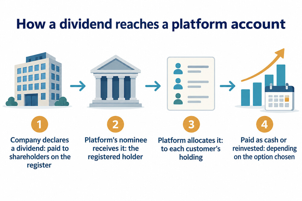 A flow showing a company declaring a dividend, paying it to the platform's nominee, and the platform crediting cash or reinvesting it in the investor's account