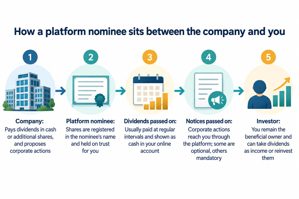 A simple diagram showing the chain from you, to the platform, to its nominee company, to the company share register