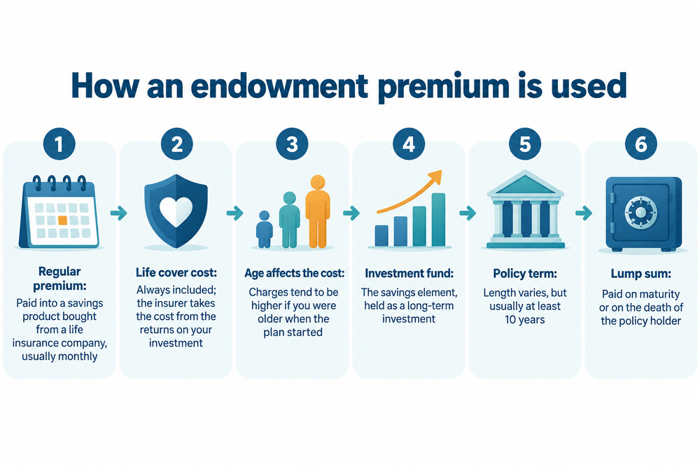 A diagram showing a monthly endowment premium splitting into the cost of life cover and the invested savings portion