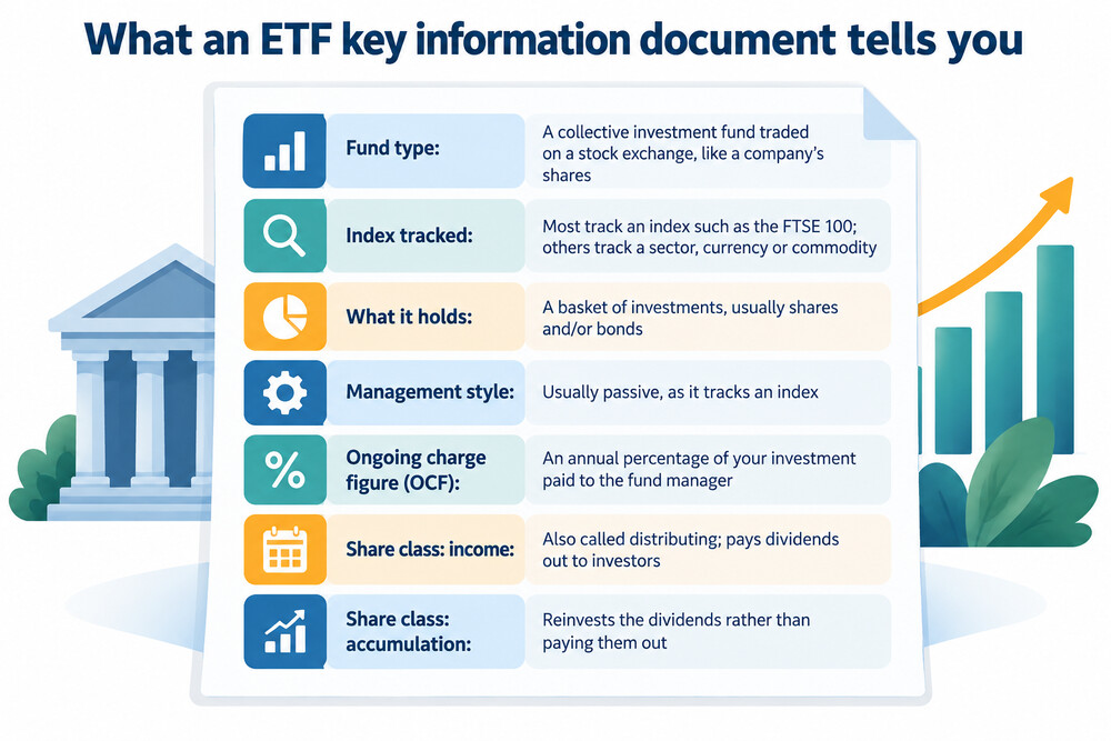 An example of a key information document for an ETF, showing its charges, risks and objectives in a standard format