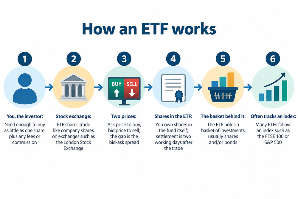 A simple diagram showing one ETF holding a basket of many company shares and bonds, with investors buying slices of it on a stock exchange