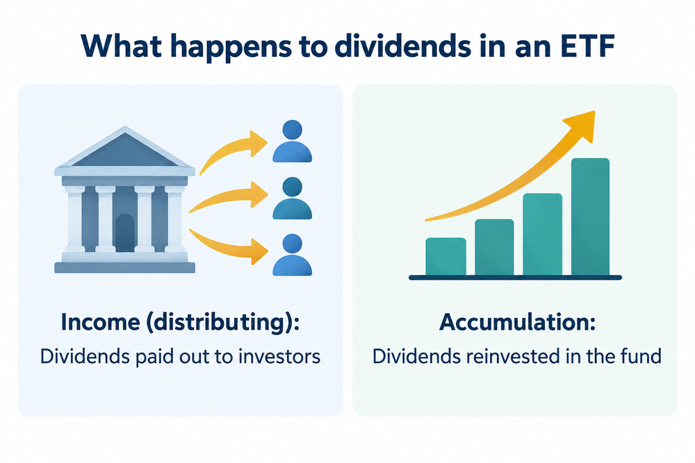 A comparison of an income ETF paying dividends out as cash and an accumulation ETF reinvesting them inside the fund