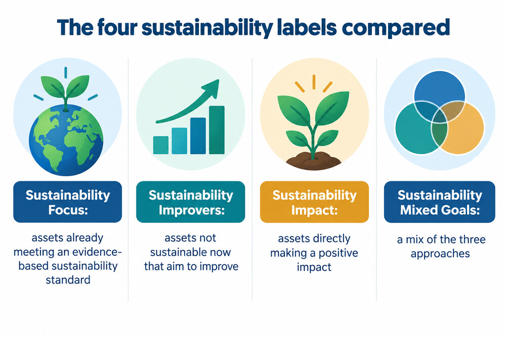 Side-by-side comparison of the four FCA sustainability labels and what each fund type invests in
