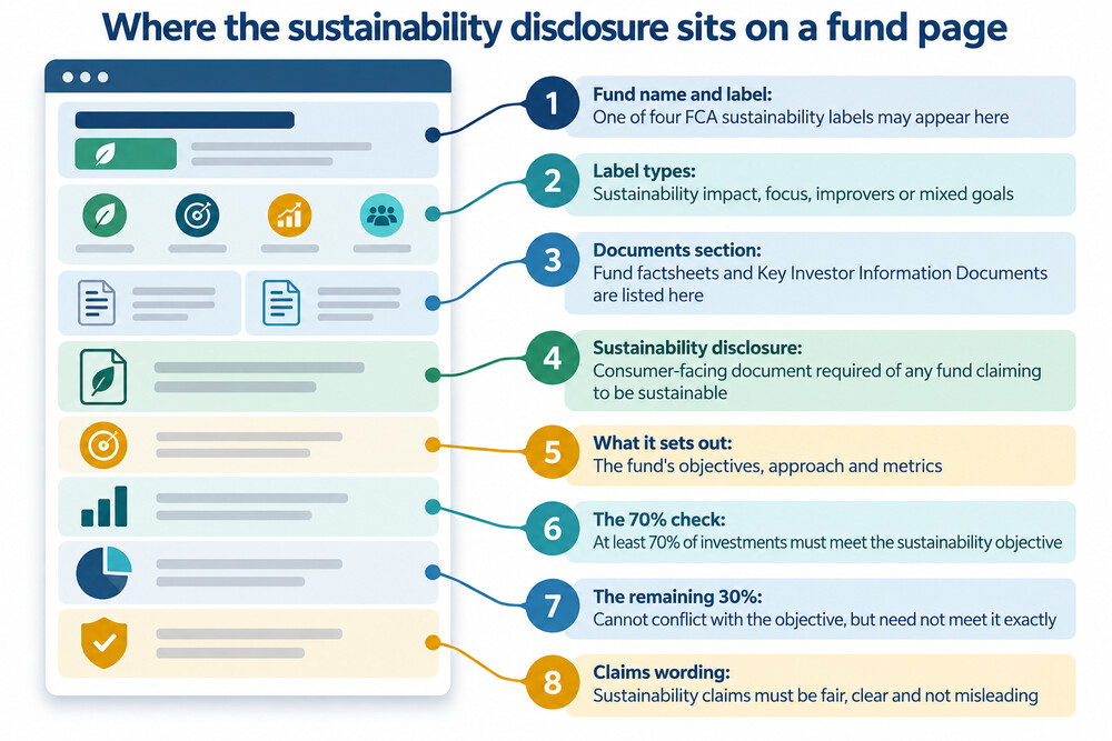 A fund factsheet on a platform, with an arrow pointing to the documents section where the sustainability disclosure appears