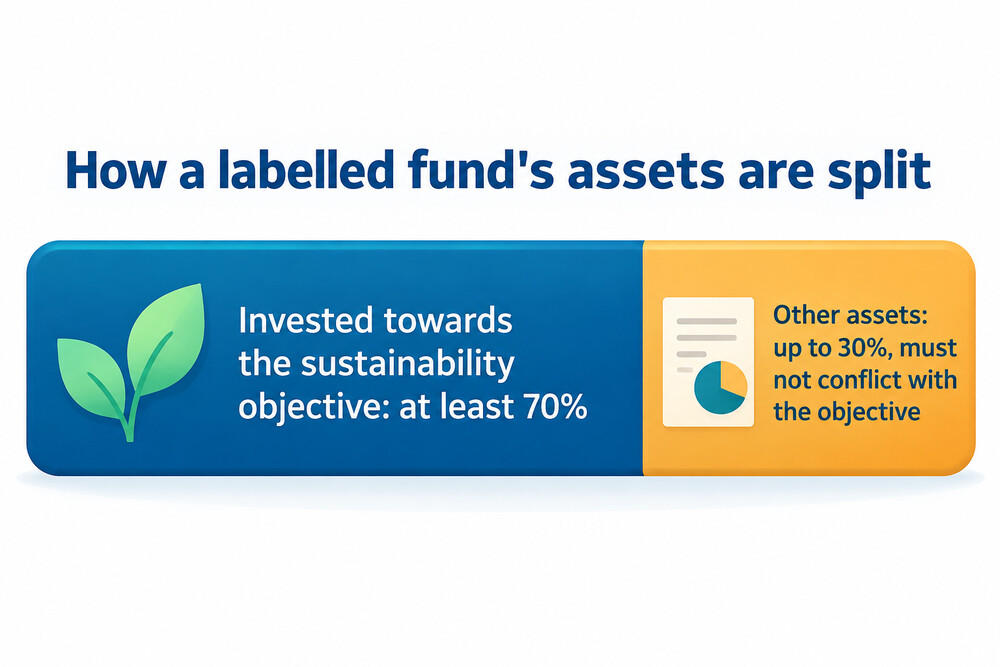 Breakdown of a labelled fund's assets: at least 70% invested towards the sustainability objective, the rest not in conflict with it