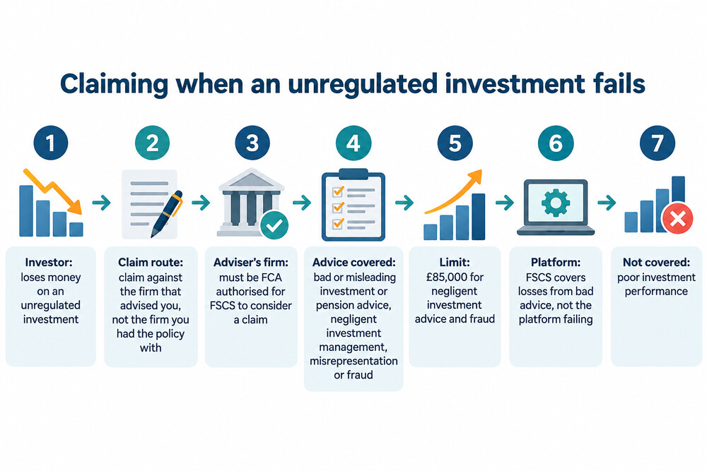 A simple diagram showing a claim running from the investor to the adviser's firm, not to the failed platform