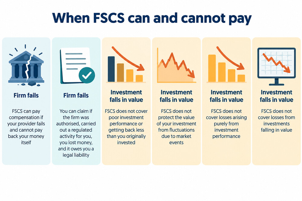 A simple diagram showing a firm failing on one side and an investment falling in value on the other, with only the first leading to an FSCS claim