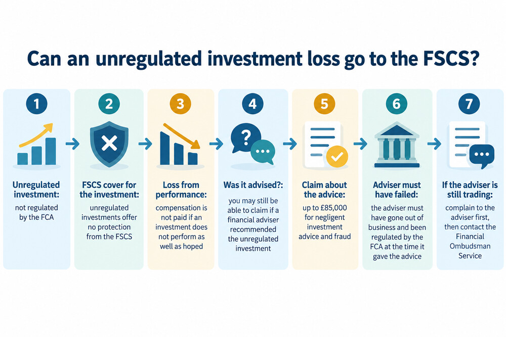 A simple decision path showing whether an unregulated investment loss can go to the FSCS