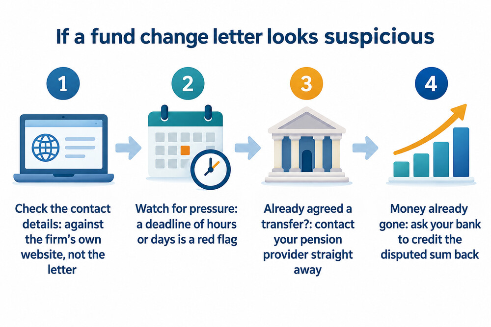 A flow showing the steps to take after a suspicious fund change letter arrives