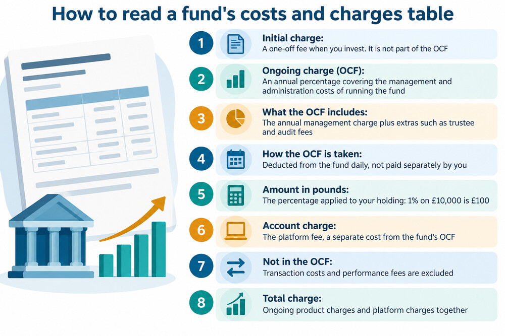 A table showing how annual fund charges translate from percentages into pounds at different holding sizes