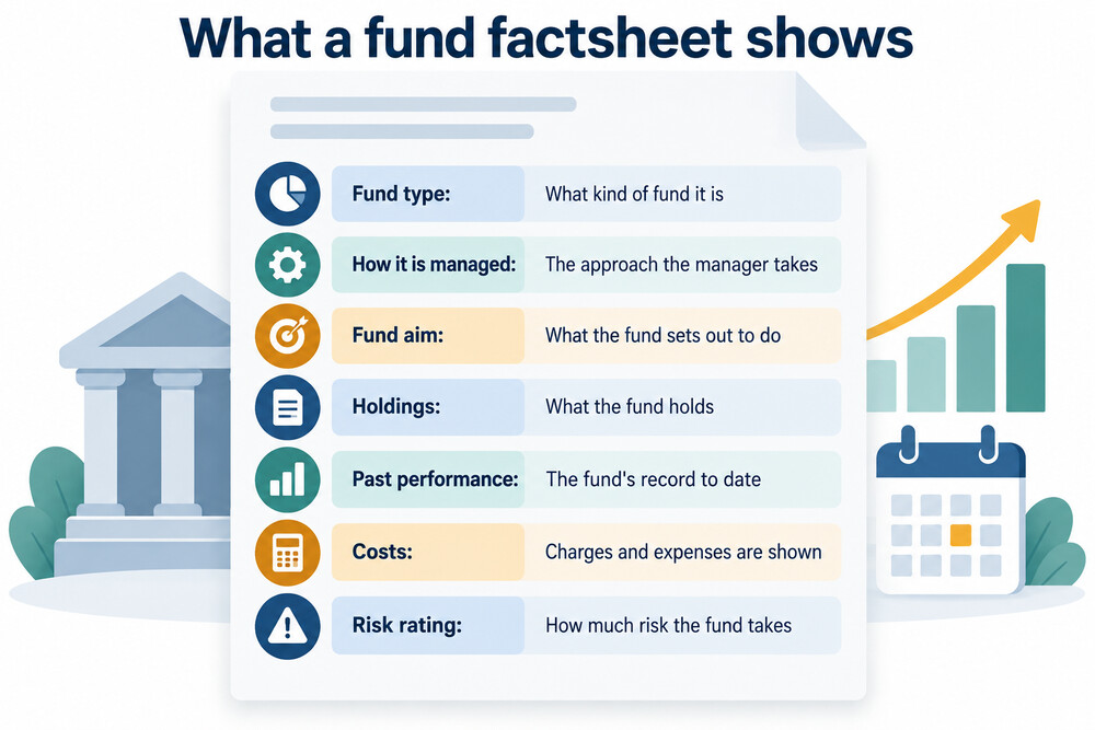 A fund factsheet showing the fund's price, top ten holdings, sector breakdown and performance table