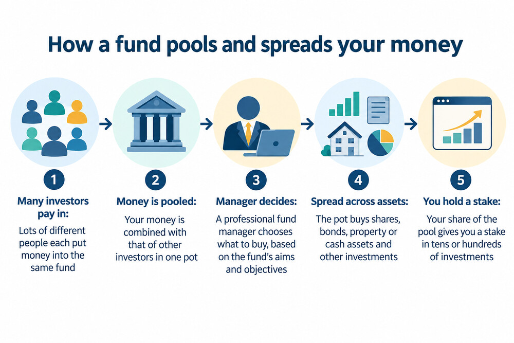 A diagram showing many investors' money flowing into one pooled fund, which the manager then spreads across a wide range of investments