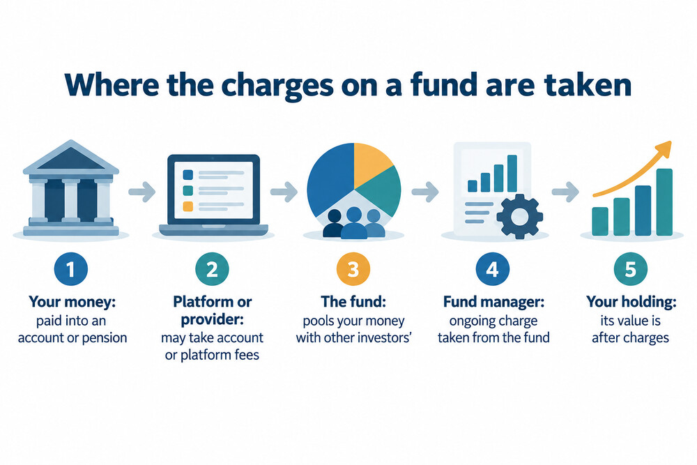 How money moves from an investor through a platform to a fund, and where each charge is taken