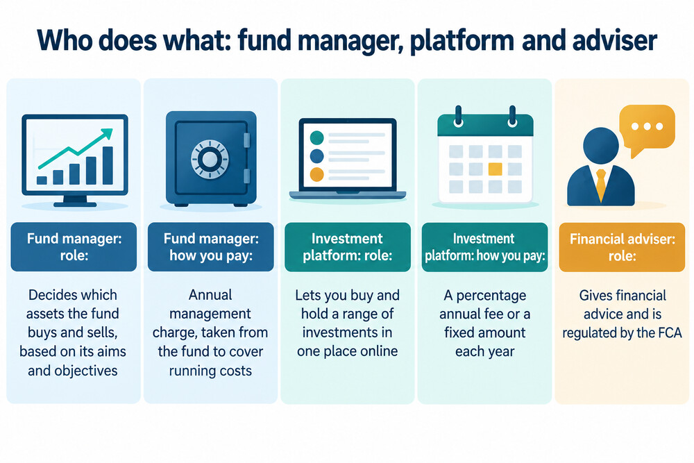 A diagram showing the three roles: fund manager runs the fund, platform holds your account, adviser recommends for you personally