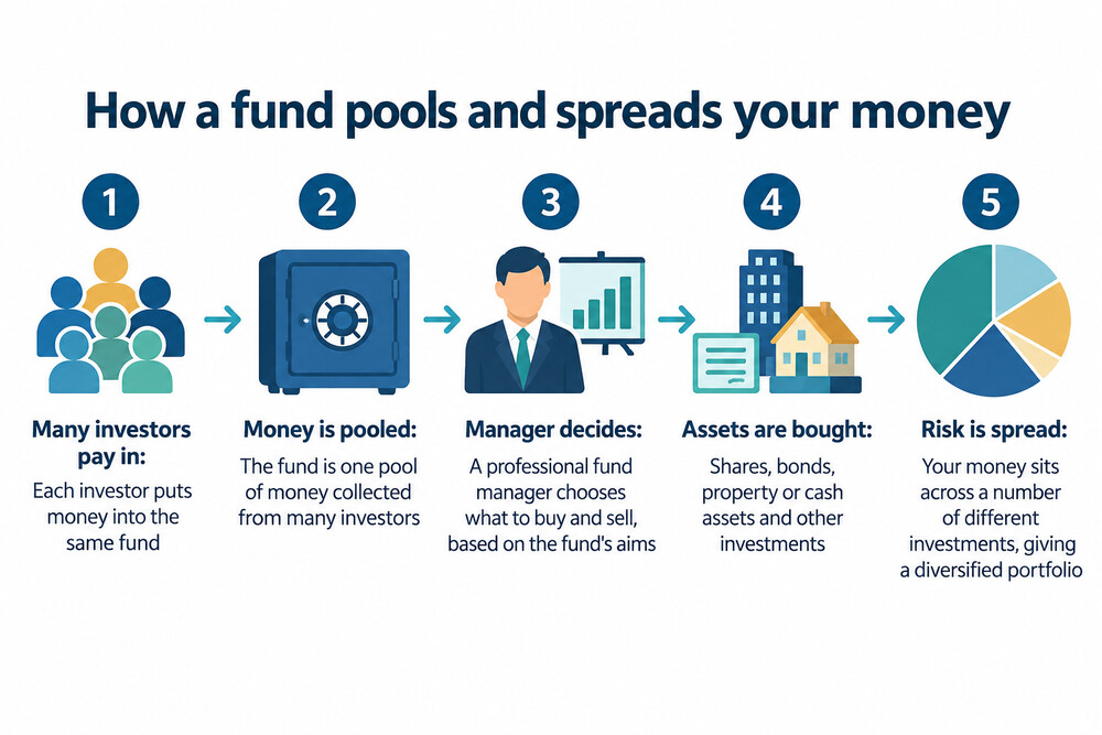A diagram showing how a pooled fund works: many investors' money combined into one pot managed by a fund manager