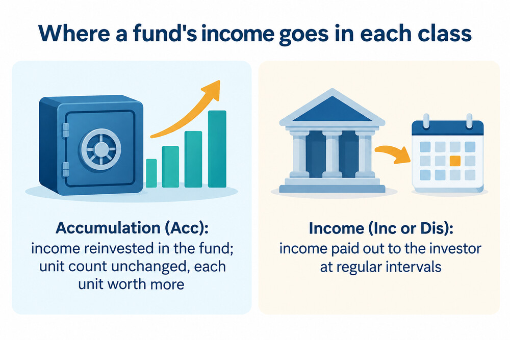 Accumulation and income classes compared, showing where the fund's income goes