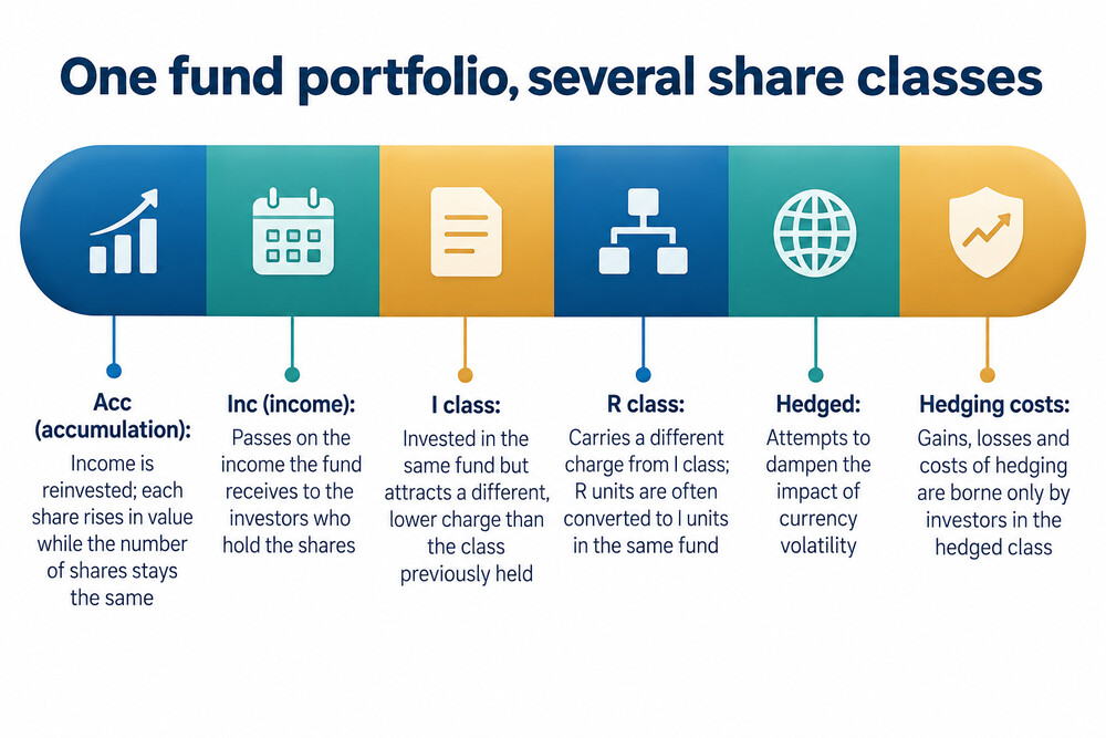 A fund split into several share classes, each with its own pricing, income treatment and charges