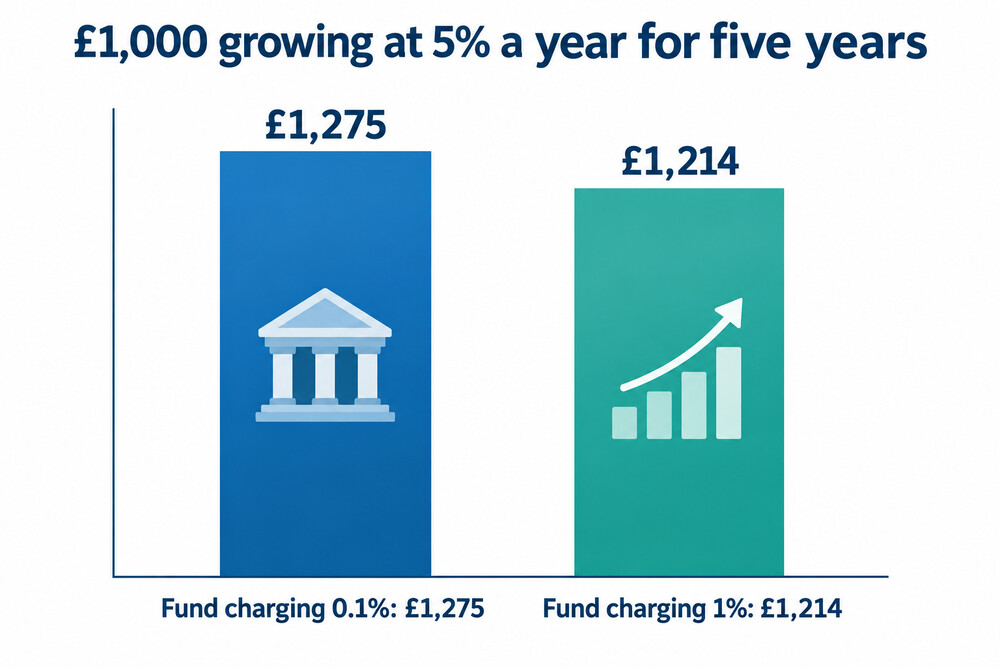 How a 1% annual charge and a 0.1% charge affect £1,000 after five years