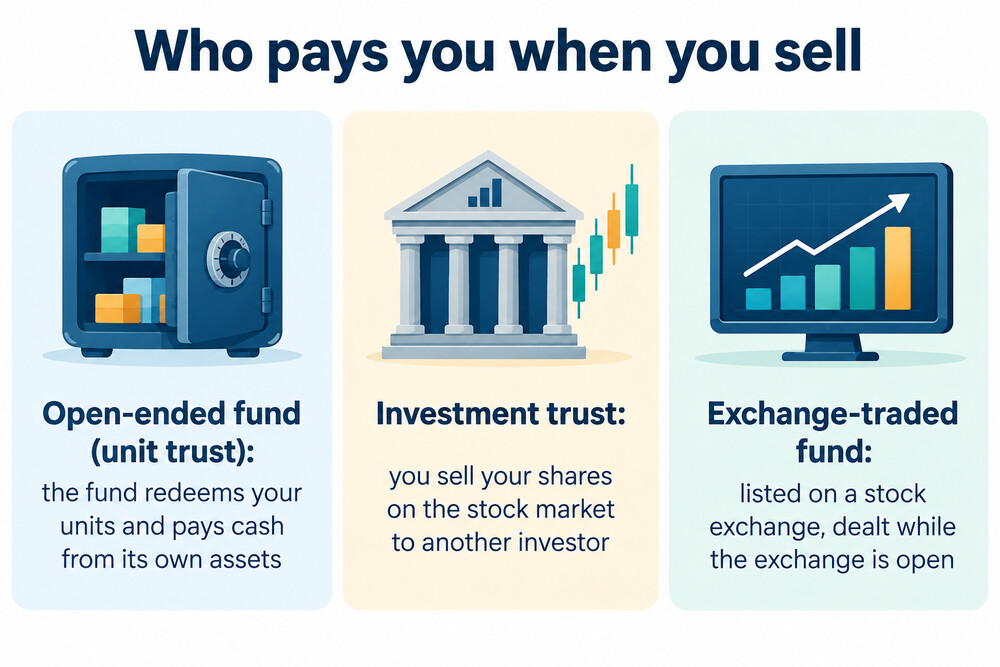What happens when an investor sells, in an open-ended fund compared with an investment trust