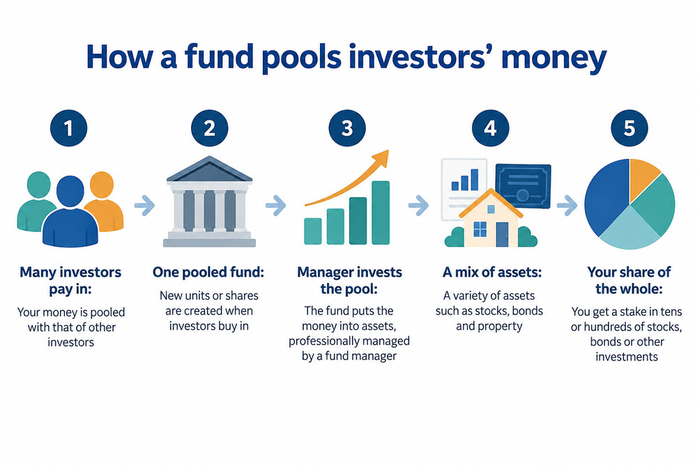 A diagram showing many investors' money flowing into one shared pot, which a fund manager invests across a range of assets